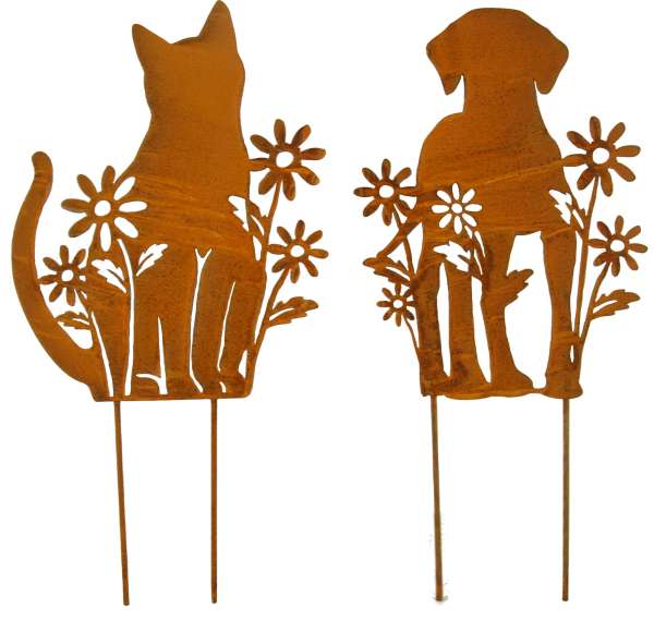 Wunderschönes Beetstecker Set Katze und Hund mit Blumen